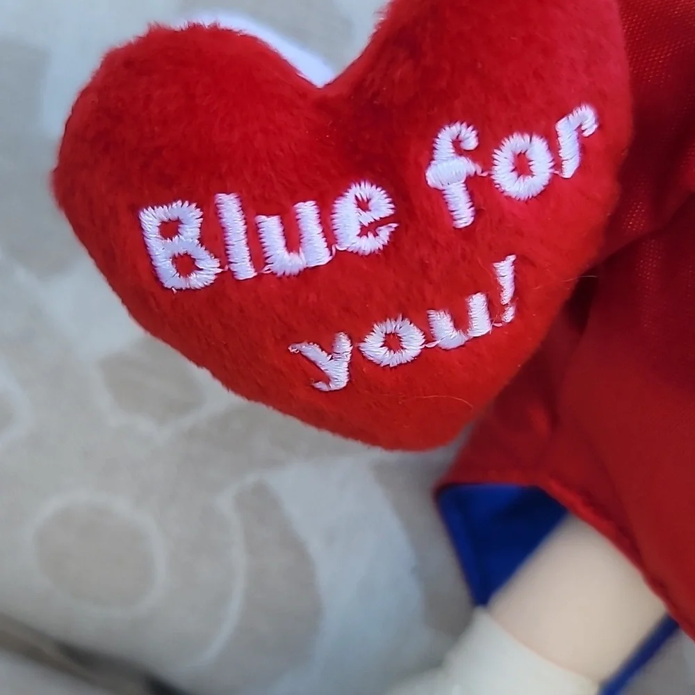 Y2K Rare Toy Blue Red Jacket Glases Big Heart Kids Plush Toy